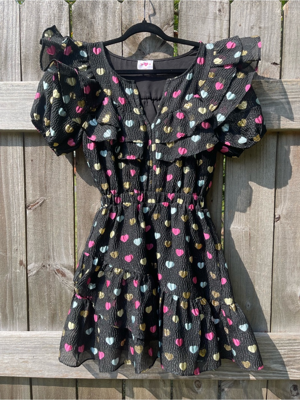 Buddy Love Black Mini Dress with Pink, Blue & Gold Hearts Sz XS